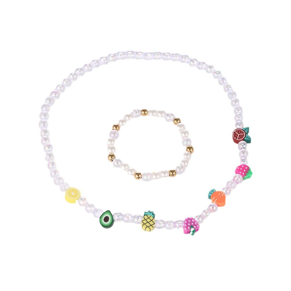 Cartoon Style Fruit-Shaped Resin and Polymer Clay Necklace Set with Beaded Chain for Children