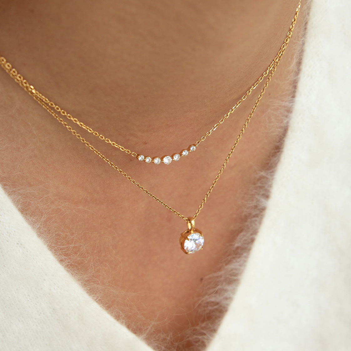 Collar Minimalista de Acero Inoxidable con Colgante Geométrico y Diamantes de Imitación, Cadena de Acero Inoxidable Chapada en Oro PVD al Vacío para Mujer