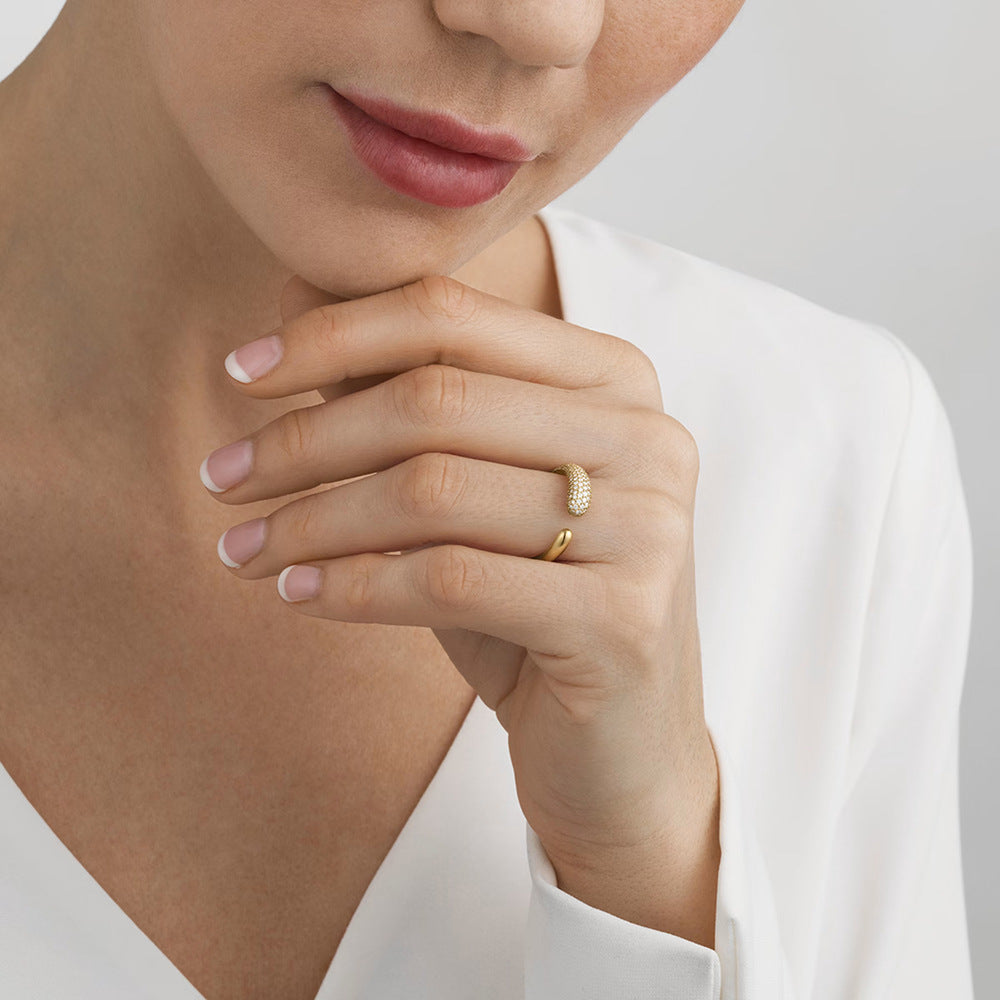 Minimalist Geometric Drop-Shaped Stainless Steel Ring with Rhinestone Inlay and 18K Vacuum Plating for Women