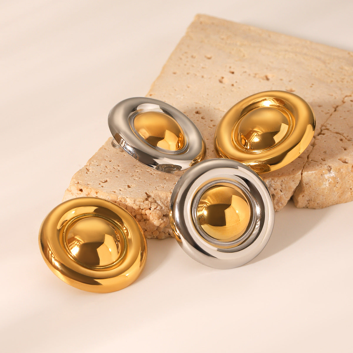 Minimalist 18K Gold Plated Stainless Steel Geometric Round Stud Earrings for Women