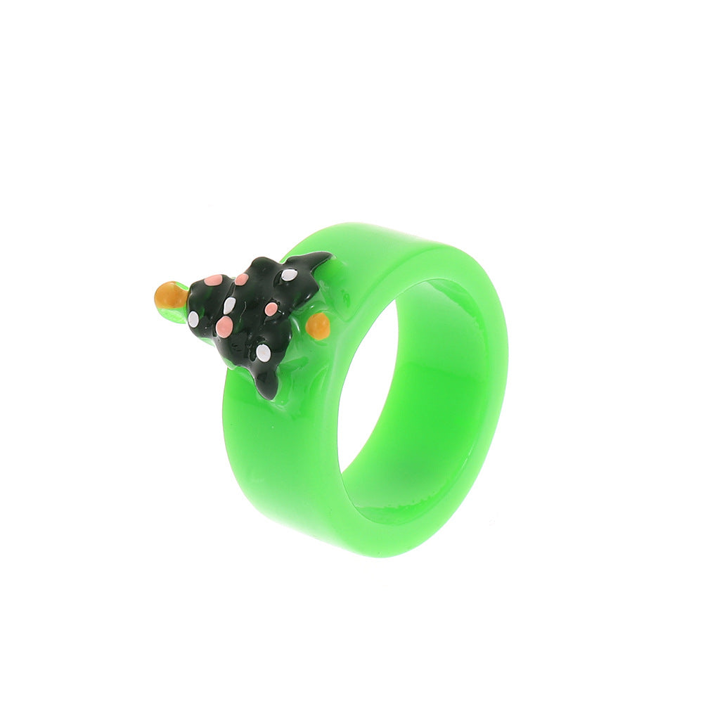 Simpatico anello in resina a tema natalizio per donna con forme di albero di Natale e renne, design geometrico smaltato
