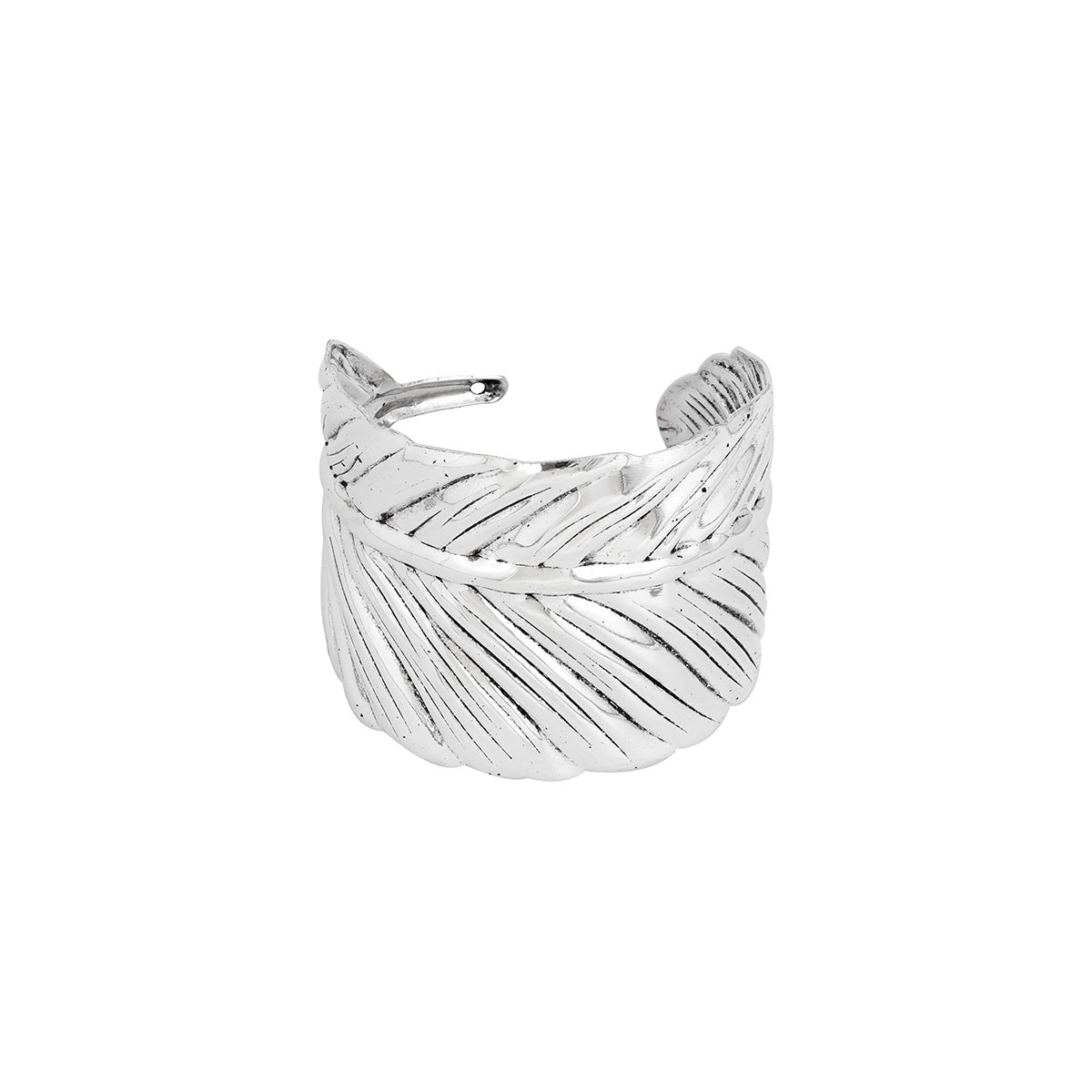 Bracciale rigido aperto da donna in stile bohémien a forma di piuma, realizzato in metallo con finitura placcata