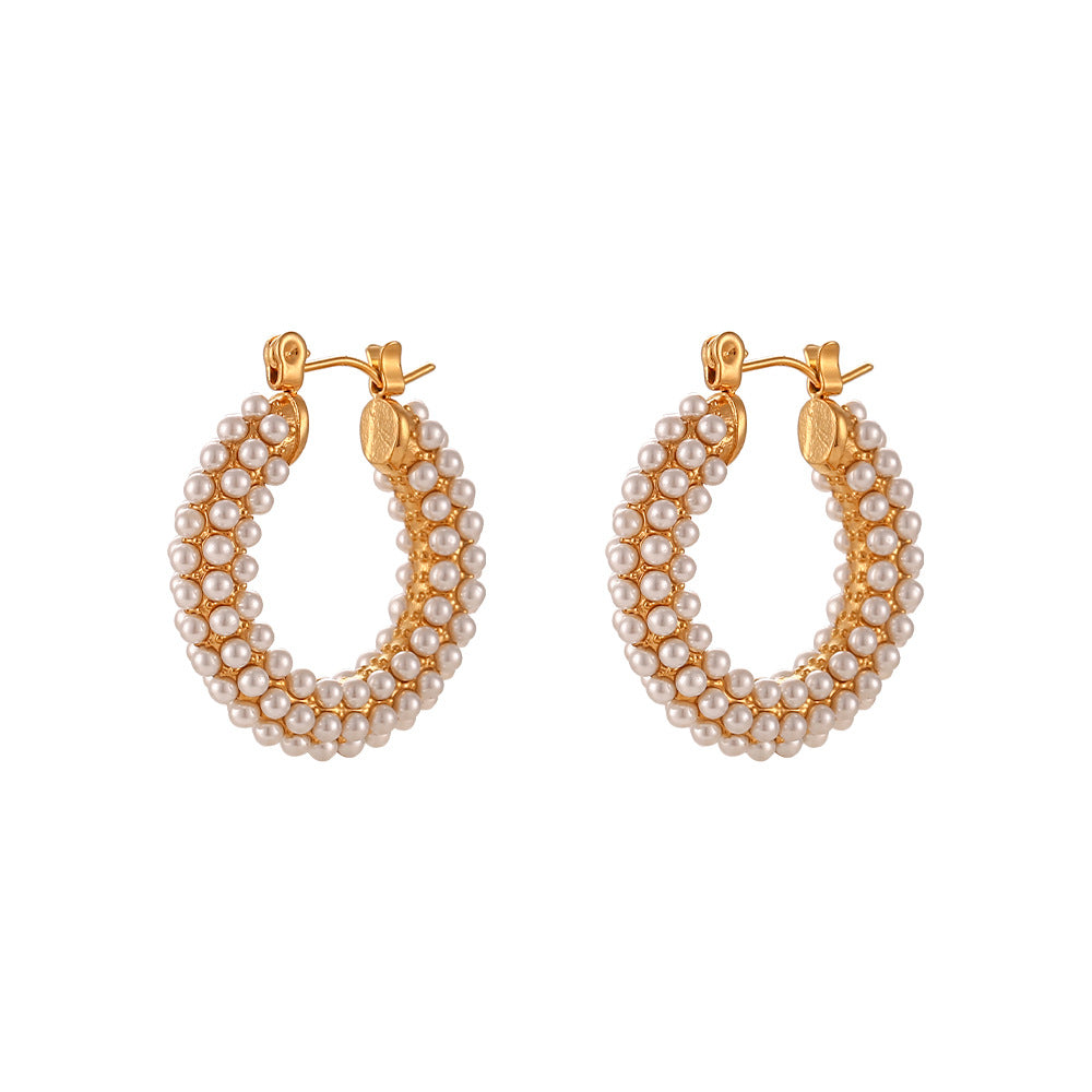 Orecchini Minimalisti Geometrici in Acciaio Inossidabile con Placcatura in Oro 18K e Intarsio di Perle Intere per Donne