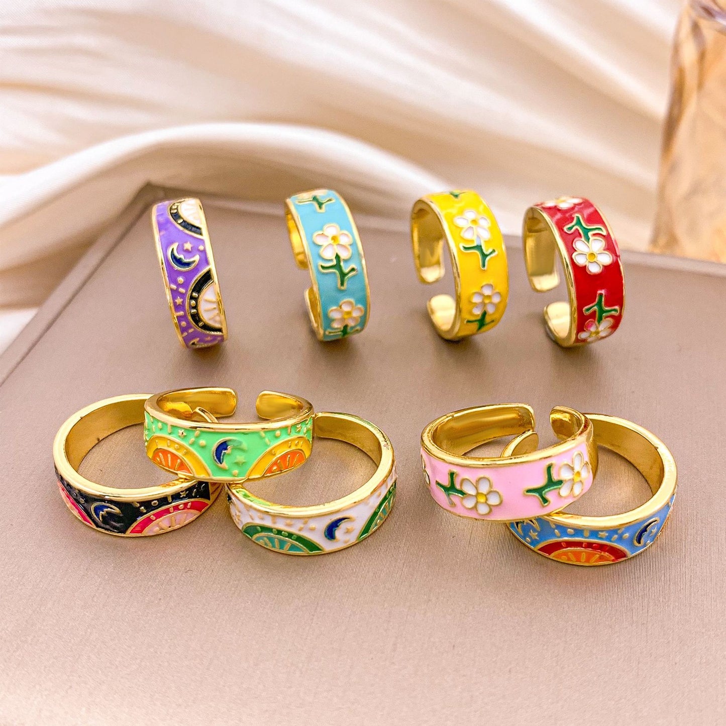 Sweet Minimalist Gold Plated Alloy Ring with Star Moon and Floral Design for Women