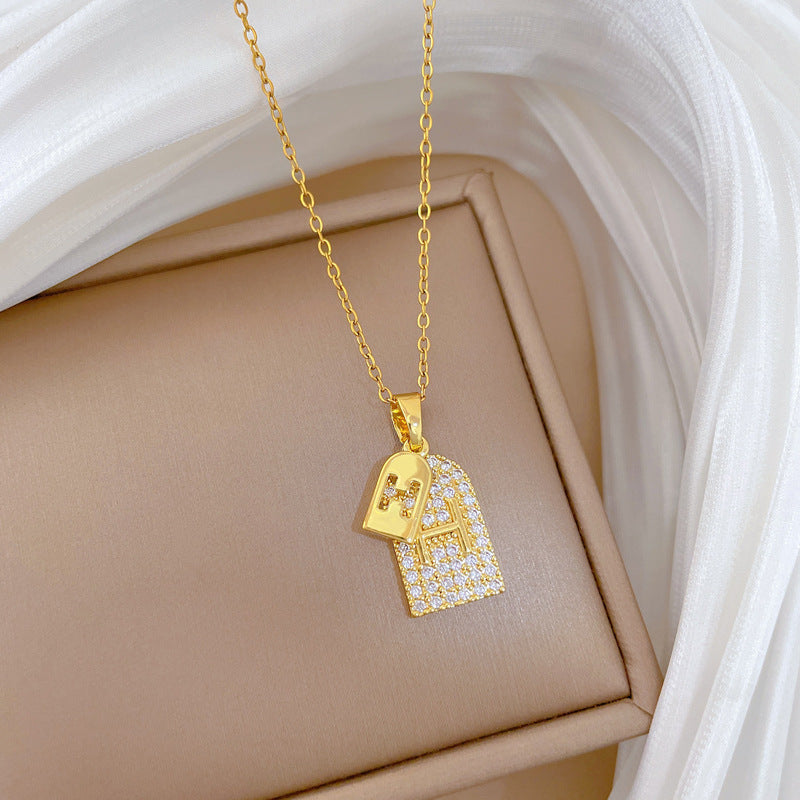 Sweet Minimalist Letter Cubic Zirconia Titanium Steel Necklace Double Layer Chain for Unisex