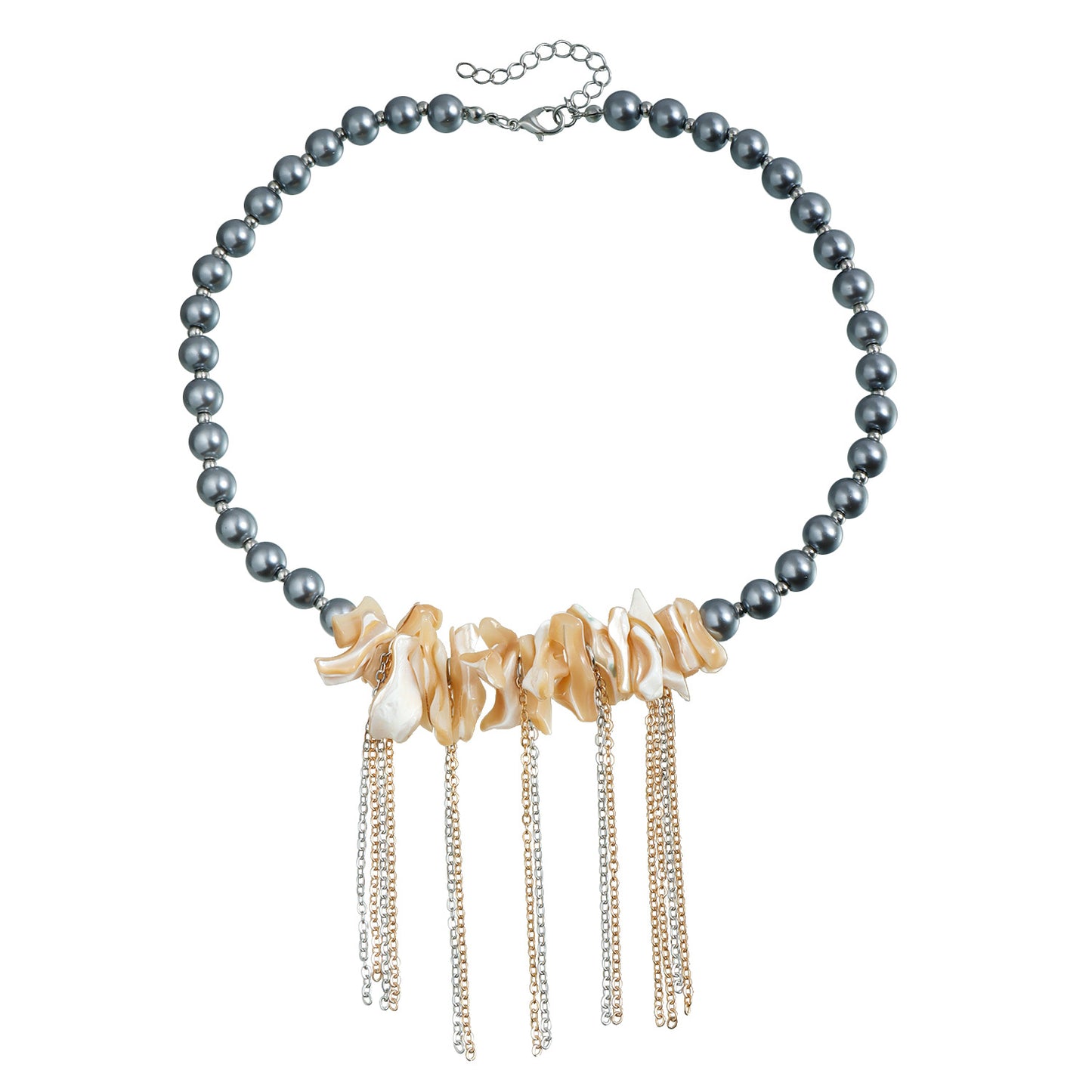 Irregular Seashell Pendant Layered Clavicle Necklace with Tassels for Women, Alloy Electroplated Glass Jewelry
