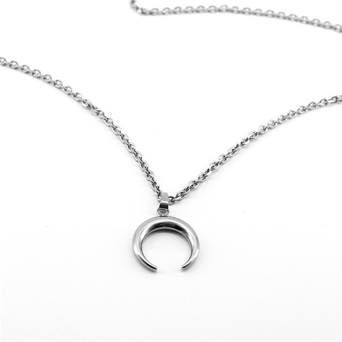 Natural Minimalist Crescent Moon Pendant Necklace in Stainless Steel with Polished Titanium Steel Charm on Adjustable Chain