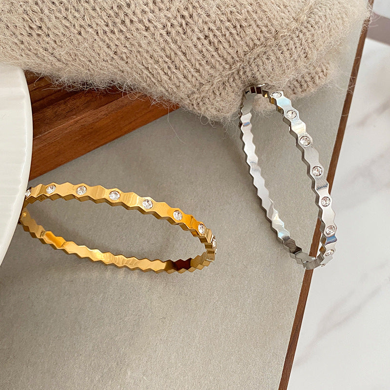 Minimalist Luxury Geometric Cubic Zirconia Plated Titanium Steel Half Bangle