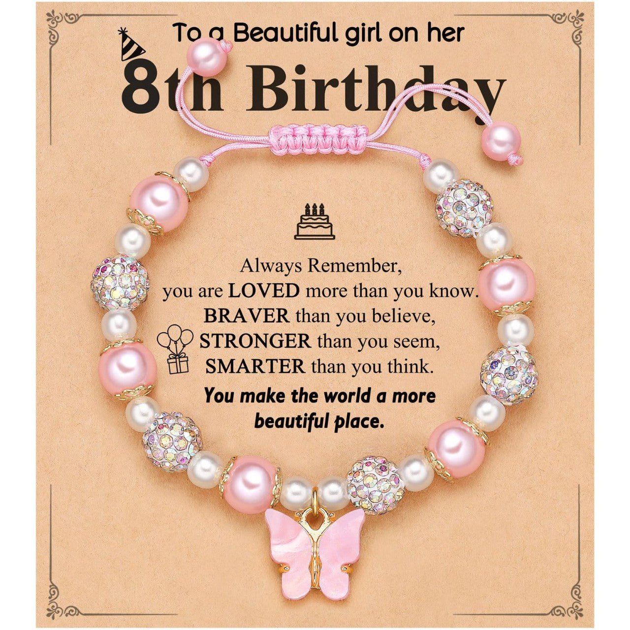 Sweet Pink Acrylic Butterfly Pendant Imitation Pearl Beaded Bracelet for Women