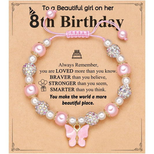 Sweet Pink Acrylic Butterfly Pendant Imitation Pearl Beaded Bracelet for Women