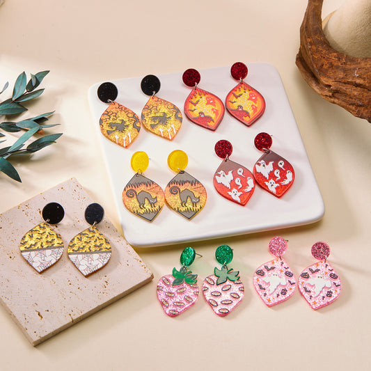 Pendientes acrílicos creativos de Halloween con motivos de hojas, calabazas y murciélagos, acabado galvanizado, moda para la oficina