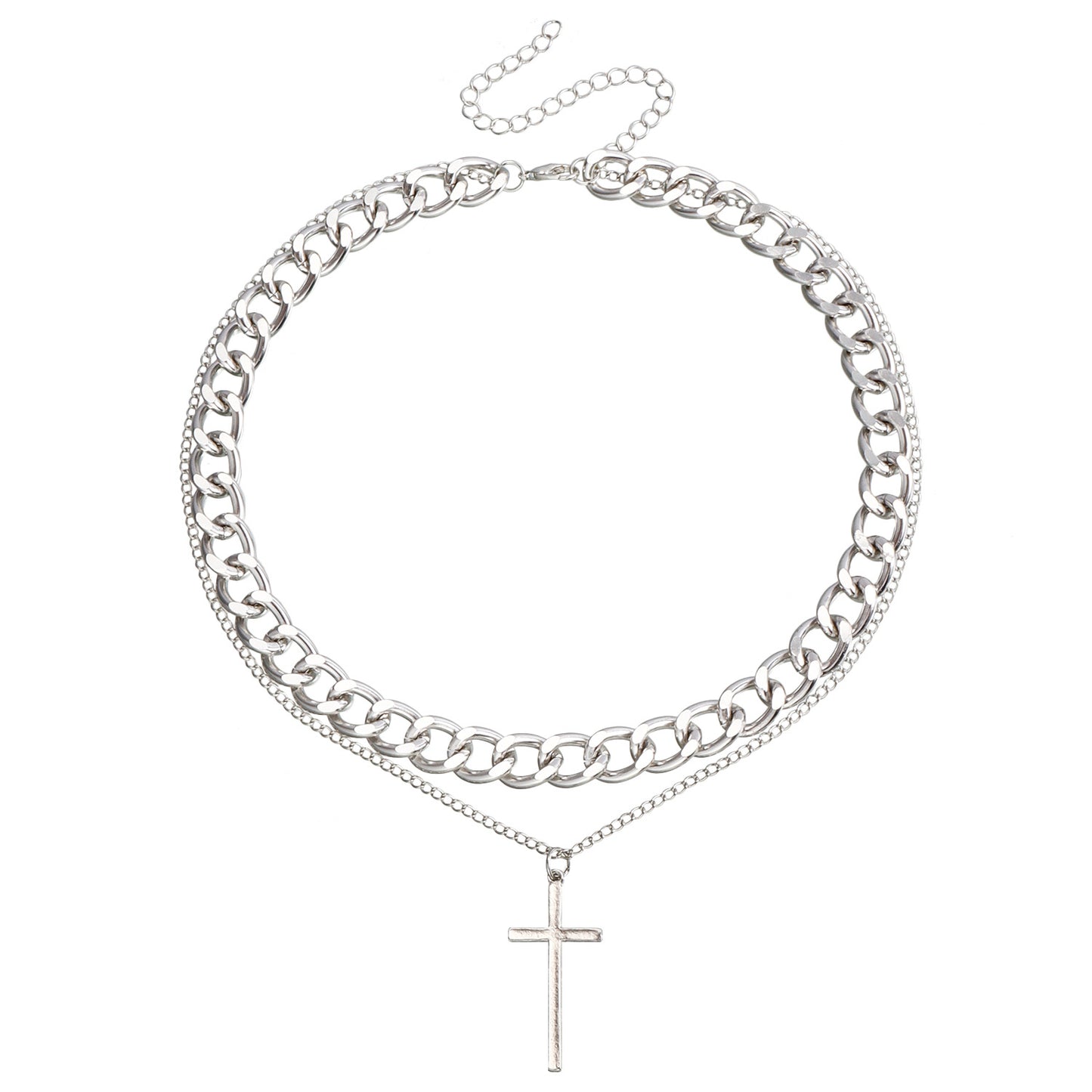 Hip Hop Layered Cross Pendant Necklace for Women with Geometric Shape Metal Chain and Electroplated Finish