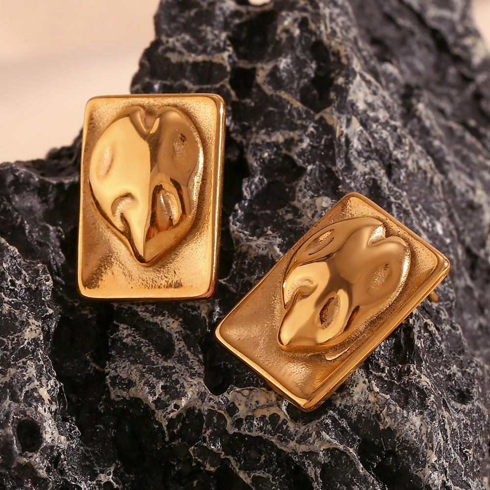 Fashionable Geometric Stainless Steel Ear Studs for Women with 18K Gold Plating and Irregular Rectangular Design