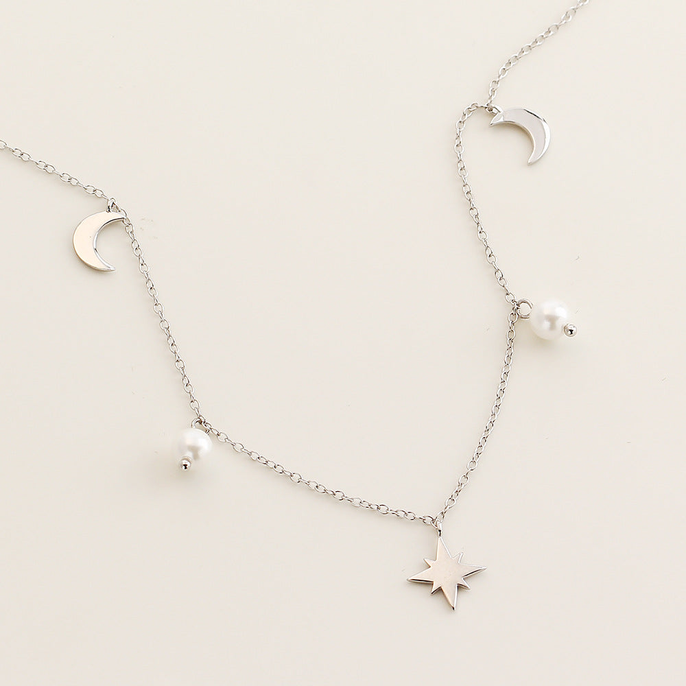 Elegante collar con colgante de perla de estrella y luna de plata de ley 925 con cadena chapada para mujer