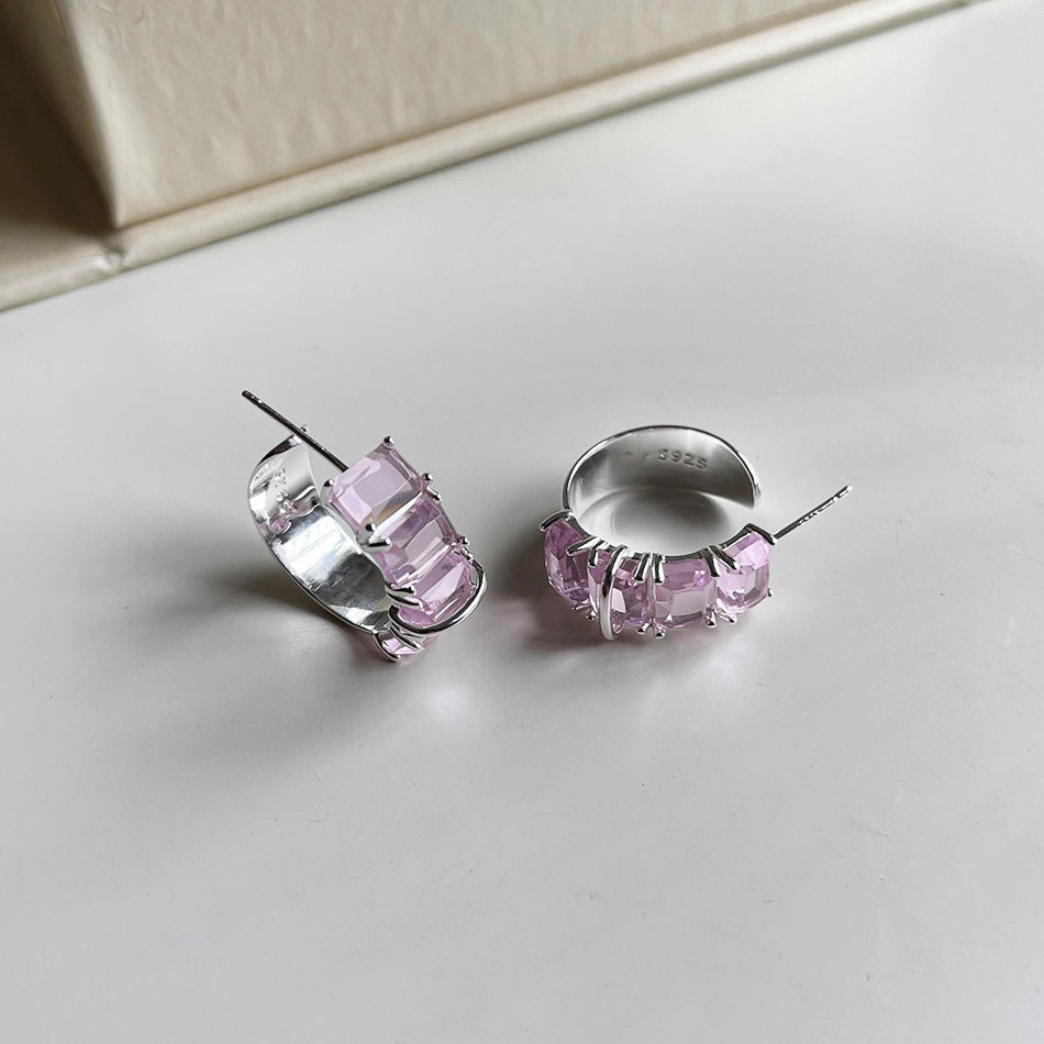 Minimalist Teardrop-Shaped 925 Sterling Silver Stud Earrings with Pink Cubic Zirconia Accent and Pearl Inlay
