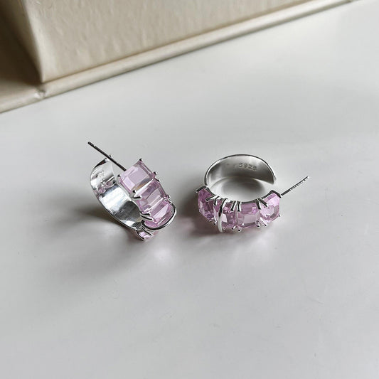 Minimalist Teardrop-Shaped 925 Sterling Silver Stud Earrings with Pink Cubic Zirconia Accent and Pearl Inlay