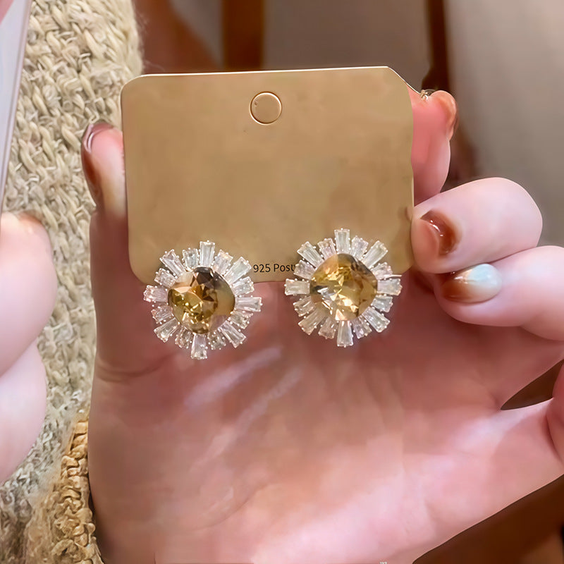 Orecchini a perno geometrici rotondi con zirconi in rame in stile francese vintage con perni in acciaio