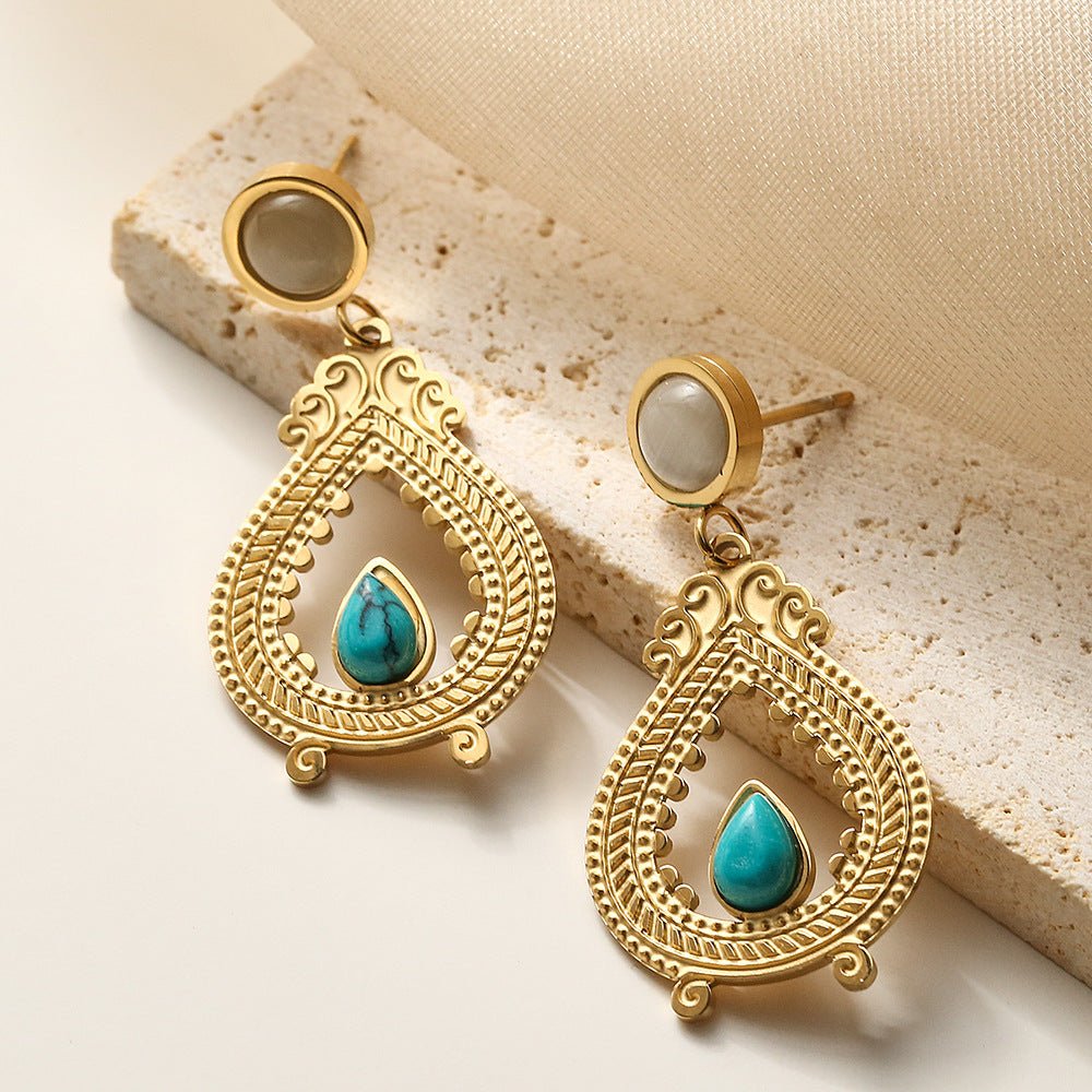 Vintage-style Heart-shaped Titanium Steel Drop Earrings with Turquoise Inlay for Women