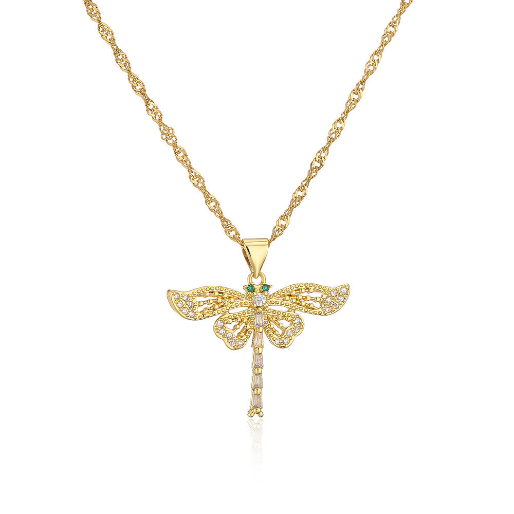 Minimalist Butterfly and Dragonfly Pendant Necklace for Women in Copper with 18K Gold Plating and Micro-Pave Zirconia