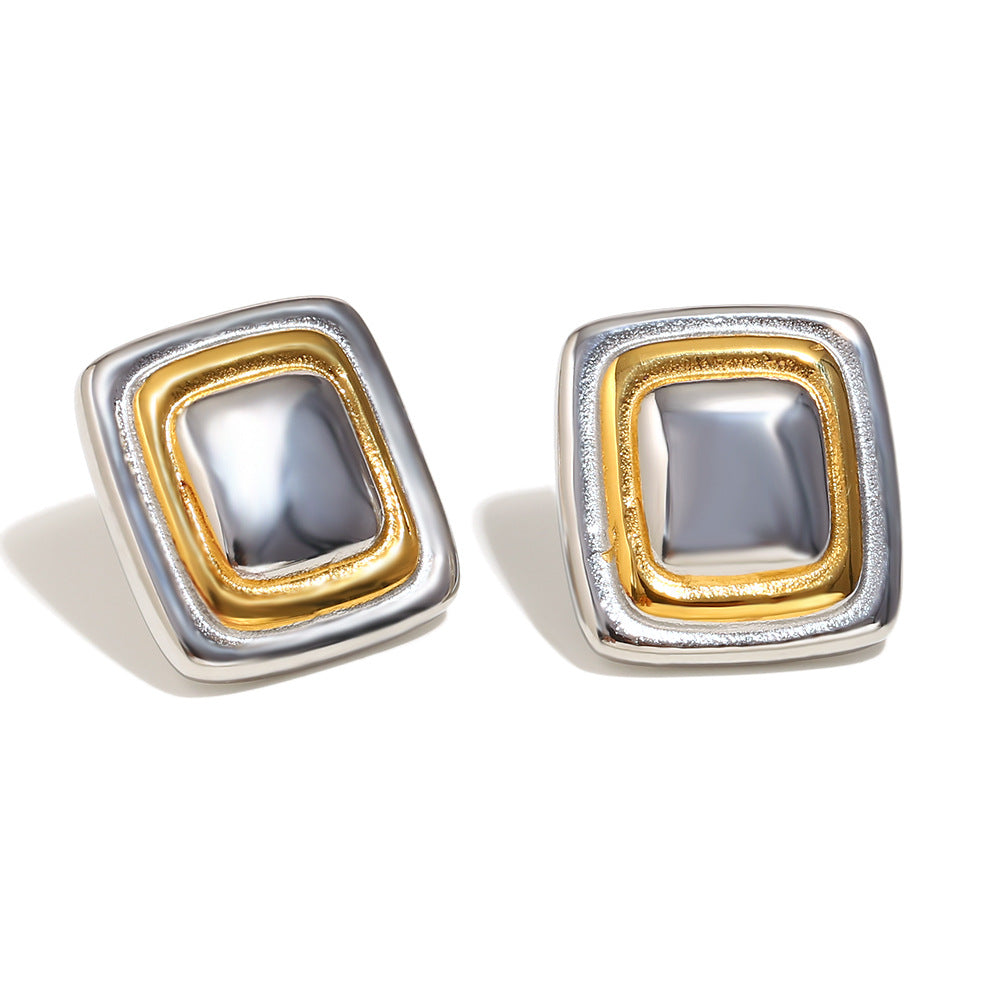 Geometric Square Frame Stud Earrings for Women in Stainless Steel with 18K Gold Plating