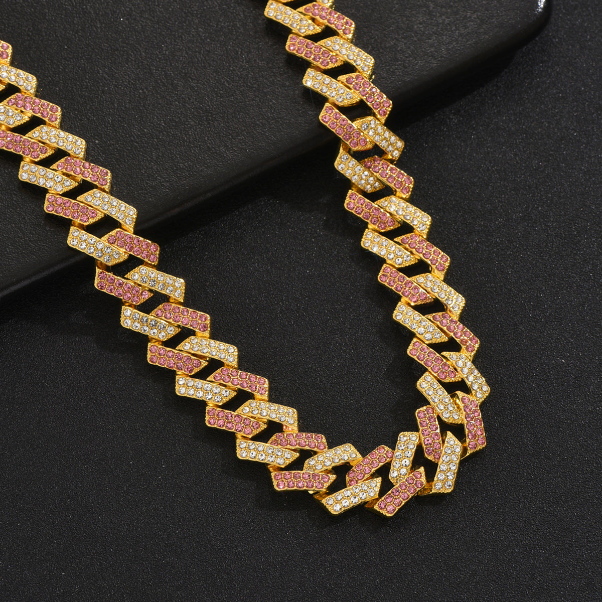 Collana Cubana Geometrica Stile Hip Hop da Uomo con Intarsio di Strass in Lega di Zinco
