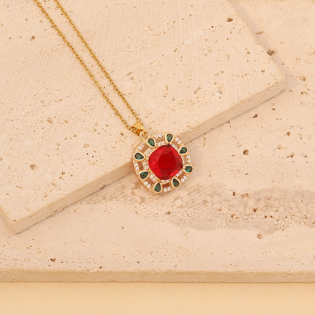 Vintage Geometric Square Pendant Necklace in Stainless Steel with Full Rhinestone Inlay