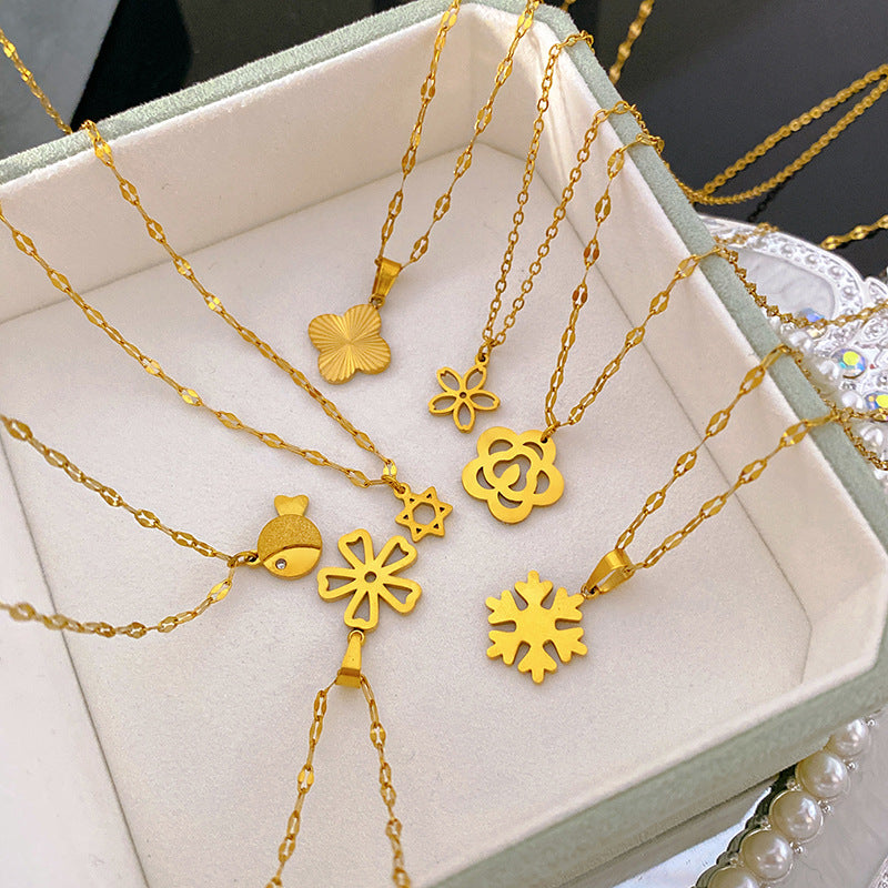 Layered Floral Geometric Hollow Snowflake Clover Pendant Plated Titanium Steel Necklace for Unisex