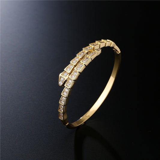 Pulsera de cobre con forma de serpiente, geométrica y a la moda, con baño de oro genuino y circonita micropavé