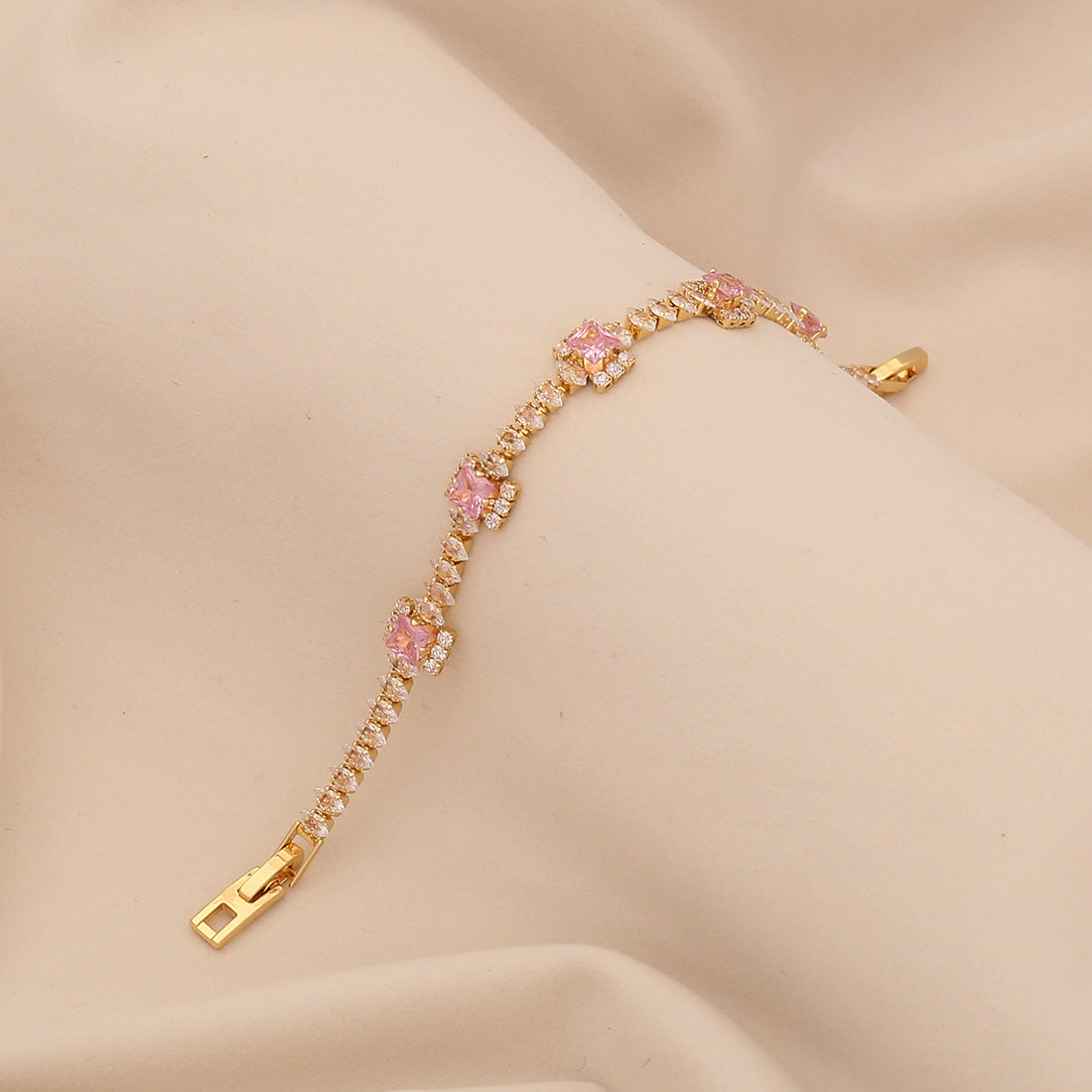 Cute Floral Design Plated Copper Bracelet for Women with Zirconia Stones Minimalist Elegant Hand Jewelry