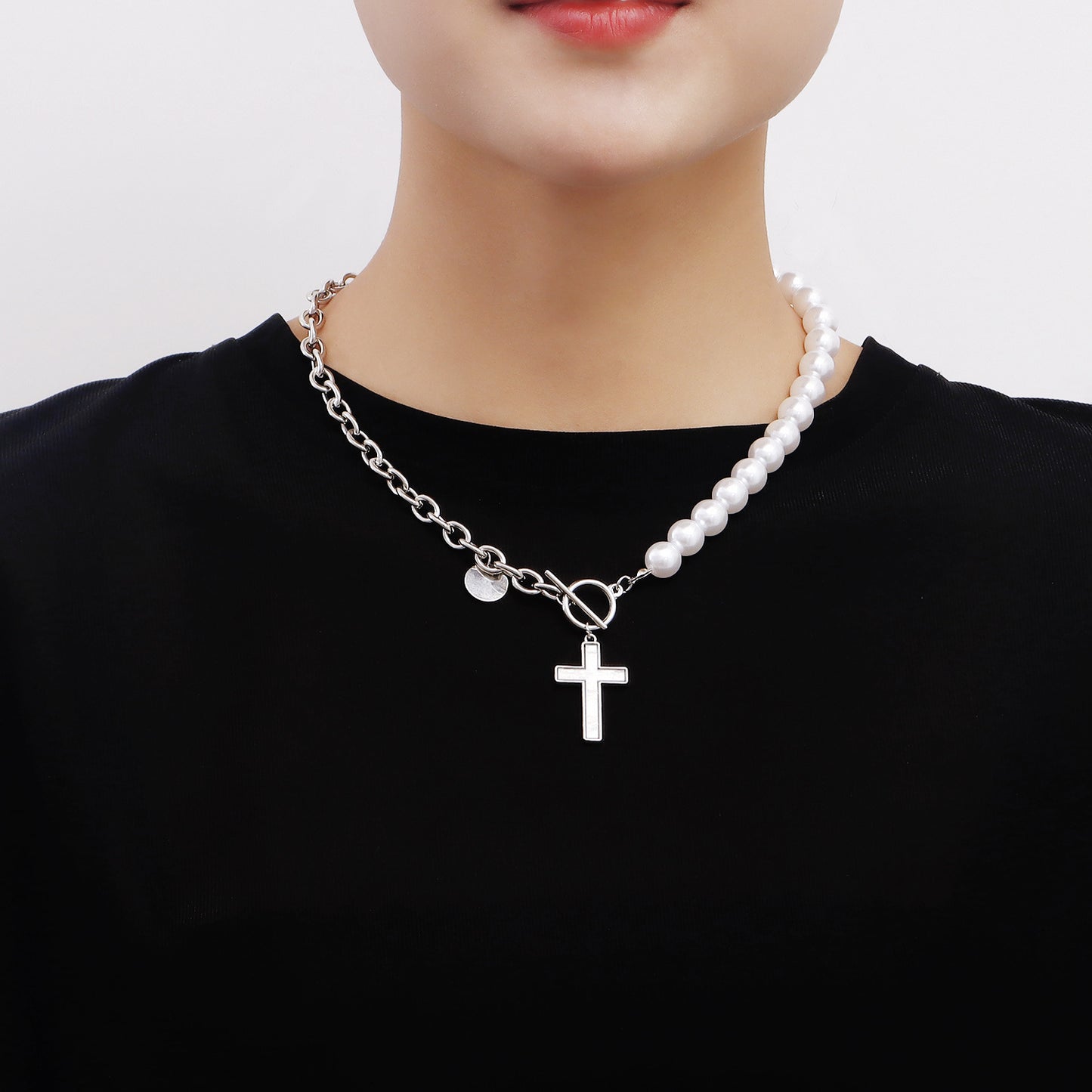 Geometric Cross Pendant Necklace with Mother-of-Pearl Inlay and Gold-Plated Alloy Chain for Women