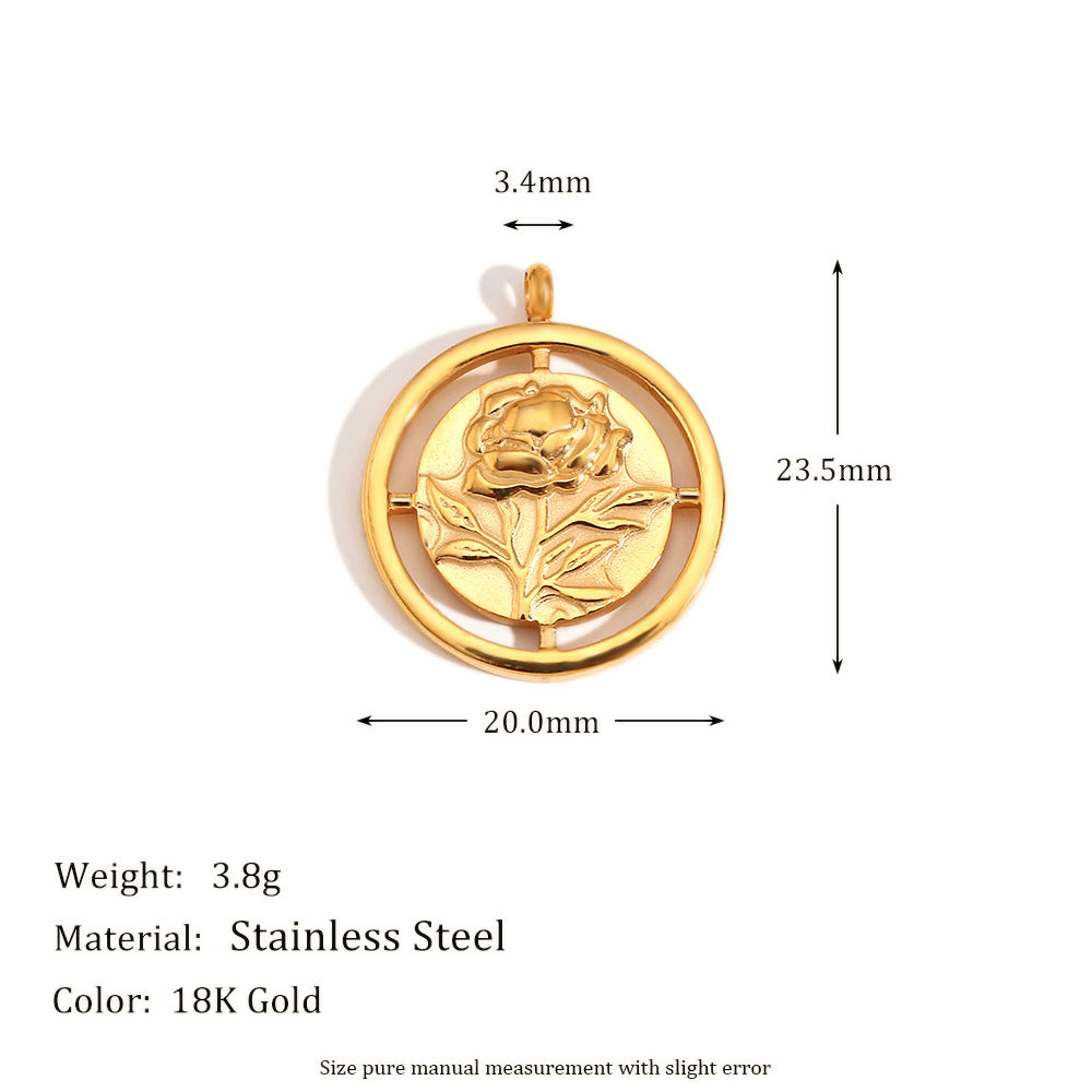Geometric Sunflower Heart Pendant in Stainless Steel with 18K Gold Plating, Vintage-Inspired Rose and Daisy Accents for Women