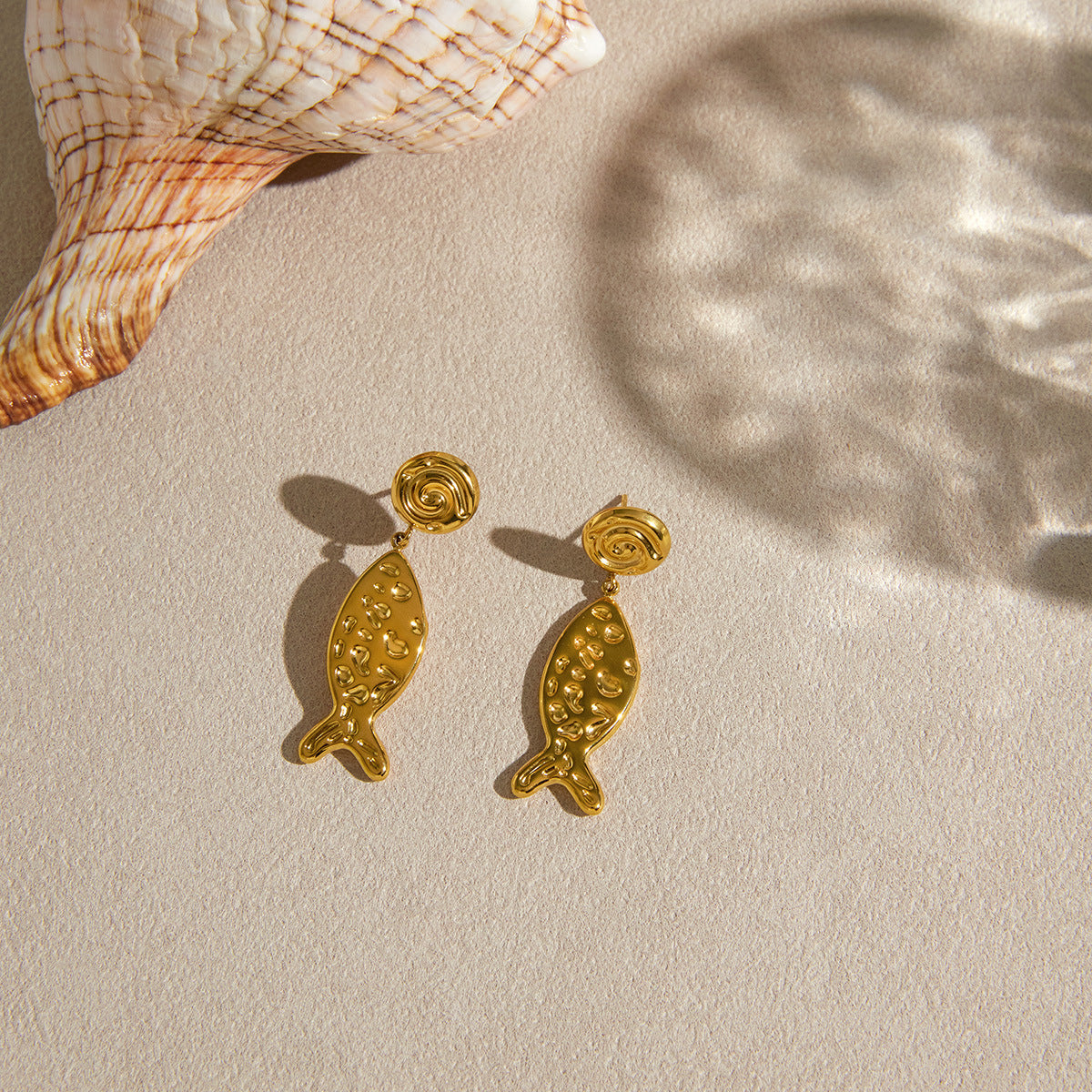 Luxury Hammered Fish Geometric Stainless Steel Stud Earrings for Women