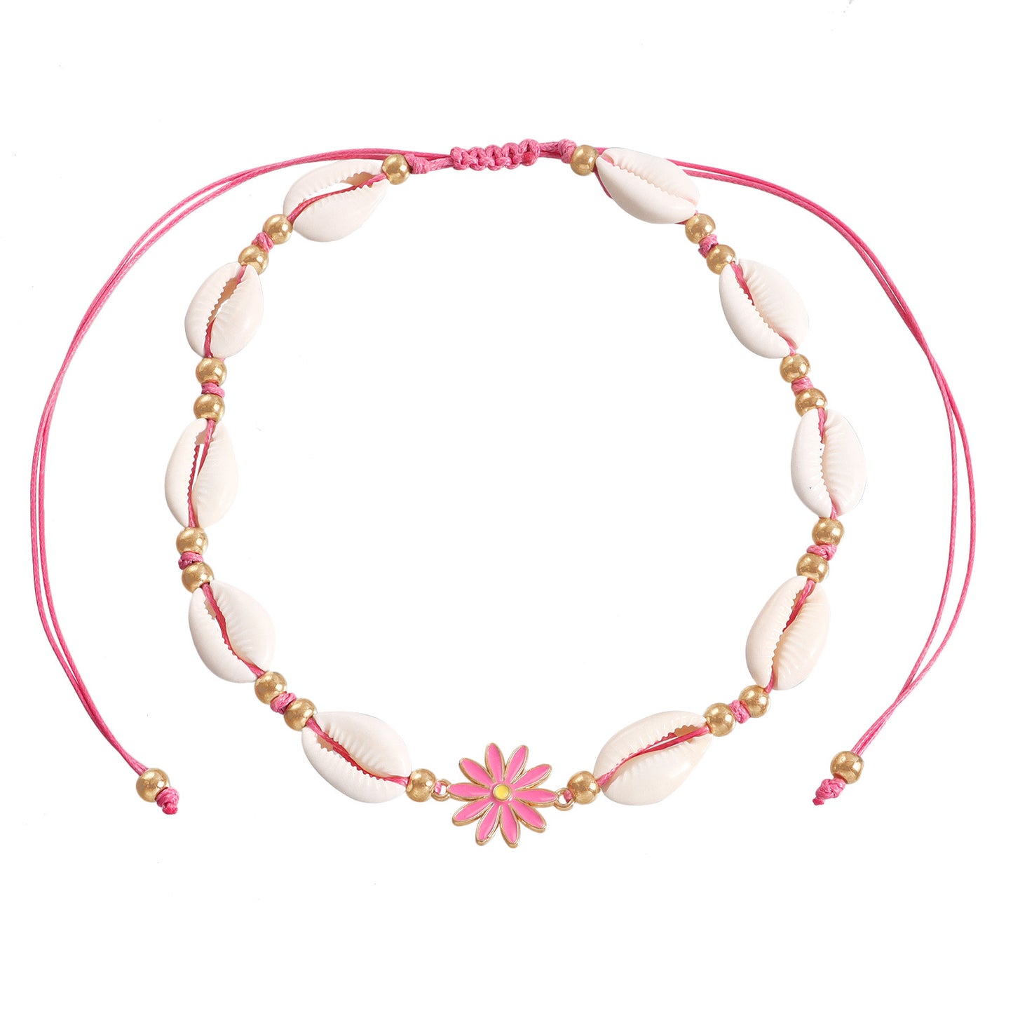 Collar con colgante de margarita bohemia con dije de concha en cordón ajustable para mujer