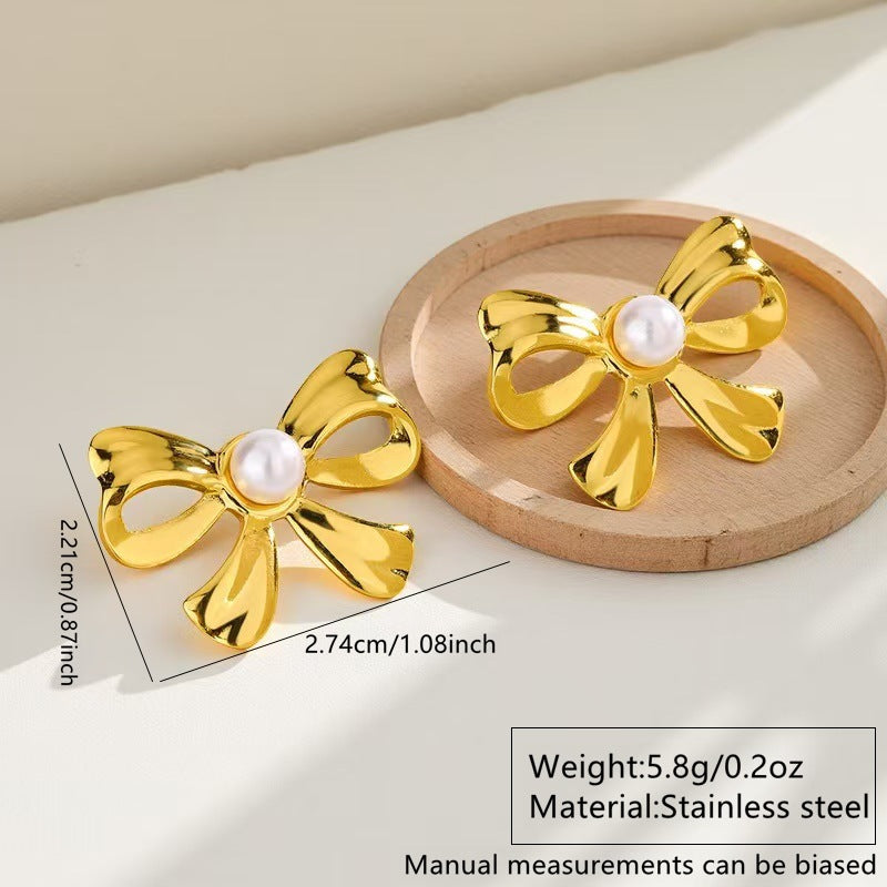 Luxury Stainless Steel Bow Knot Pearl Earrings for Women