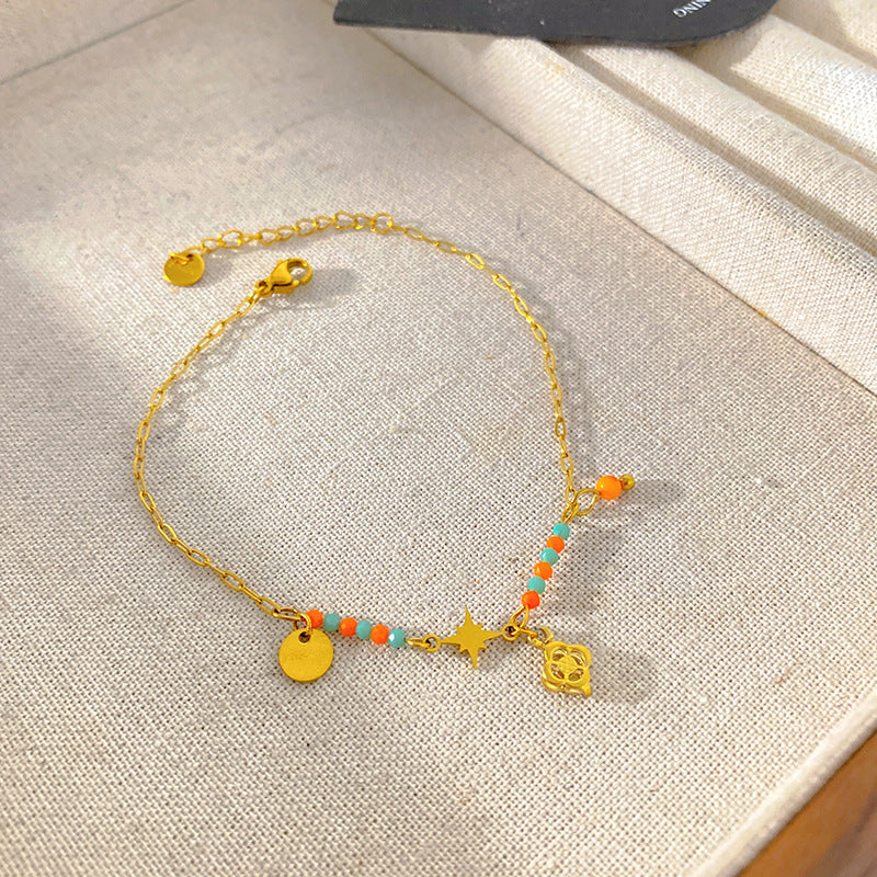 Sweet Casual Colorful Beaded Moon and Bear Titanium Steel Bracelet