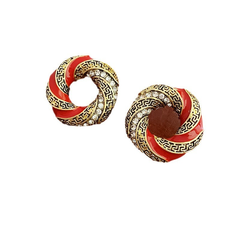 Orecchini vintage in rame smaltato rosso geometrico con strass e perni in acciaio inossidabile