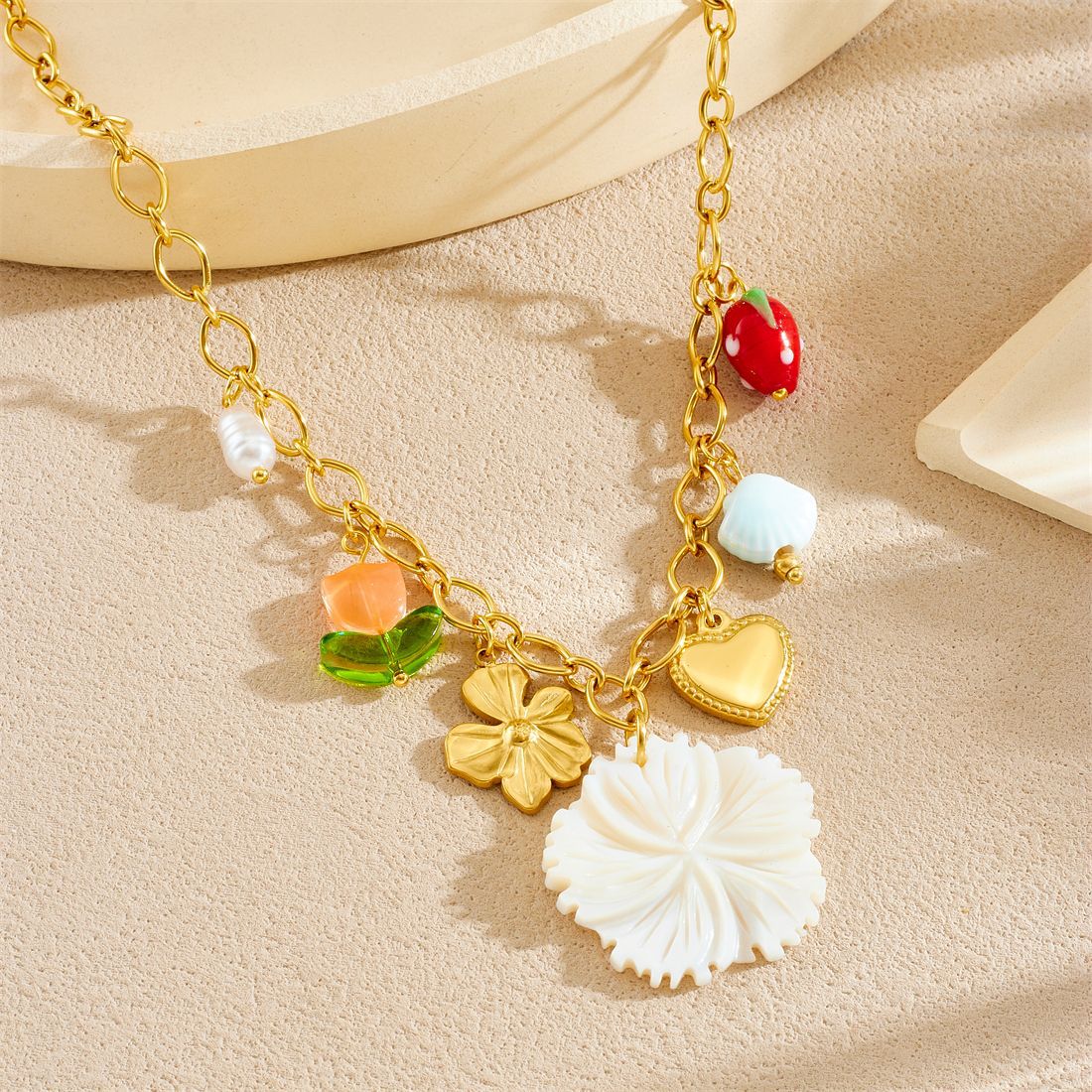 Chic Gold Plated Heart Strawberry Floral Stainless Steel Necklace for Women
