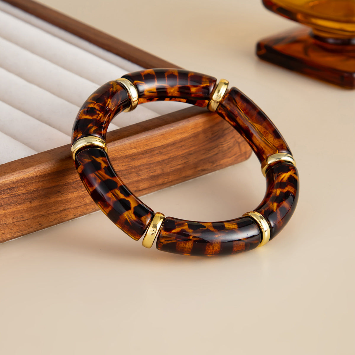 Vintage Geometric Marble Texture Leopard Print Acrylic Elastic Bracelet for Women