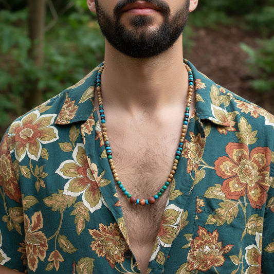 Vintage Geometric Natural Stone and Wood Bead Ball Chain Necklace Unisex
