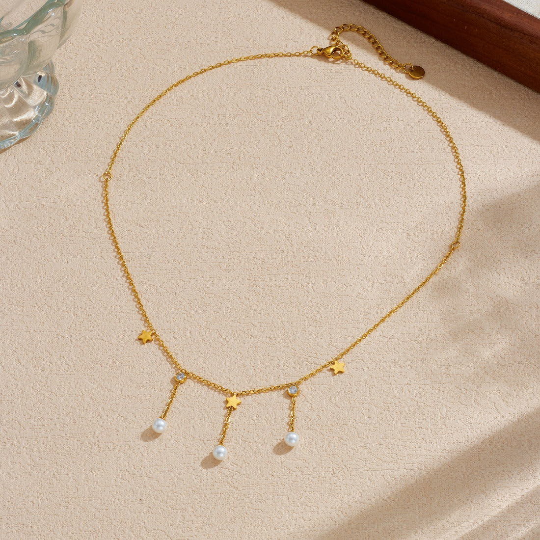 Gold Plated Stainless Steel Star Pendant Necklace with Imitation Pearl and Tassel for Women