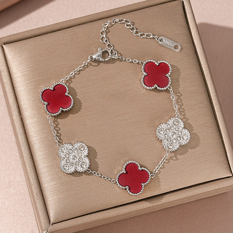 Bracciale Donna Lusso Stile Quadrifoglio in Acciaio al Titanio con Strass e Intarsio in Concha
