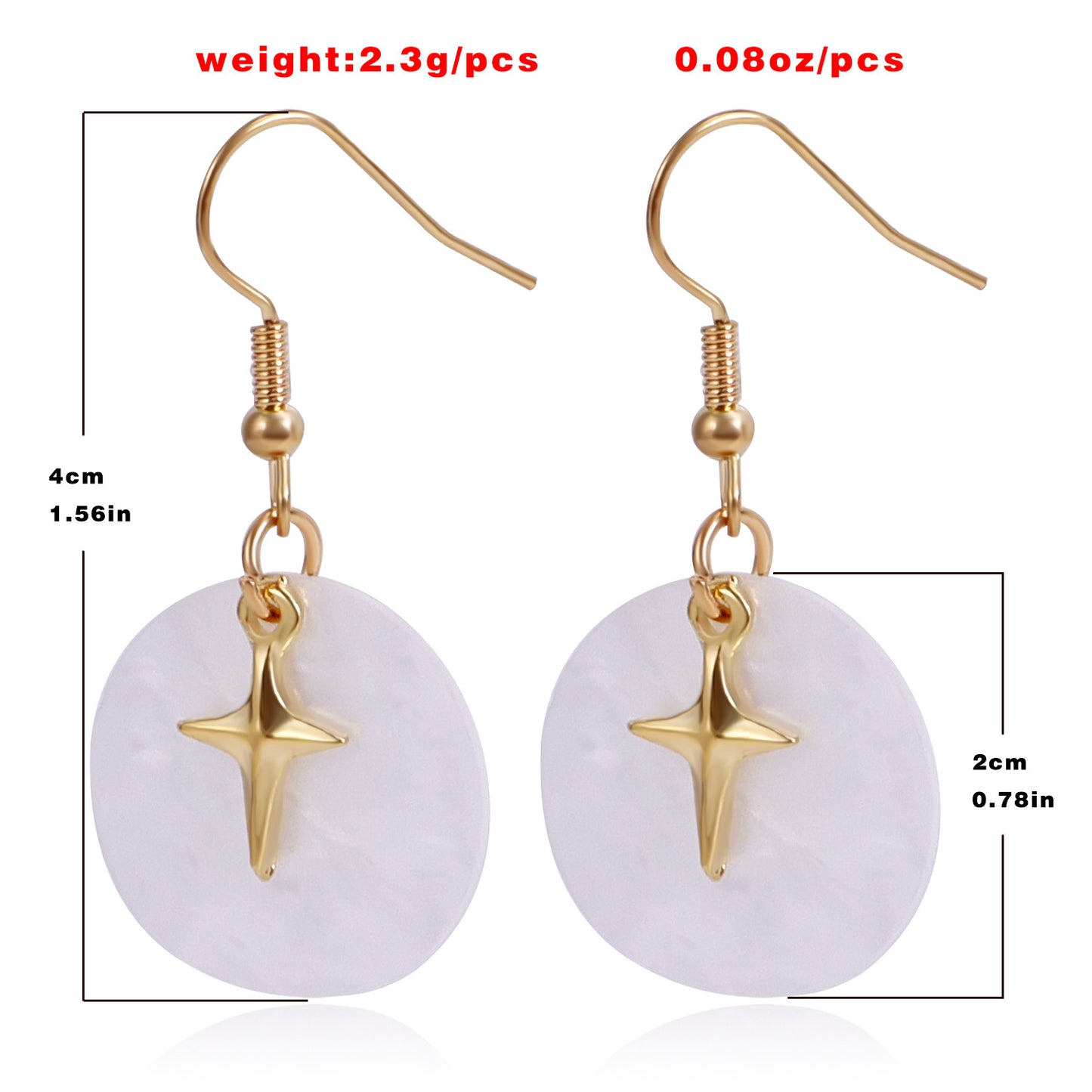 Vintage Style Geometric Star White Mother of Pearl Pendant Earrings for Women with Plated Alloy Finish