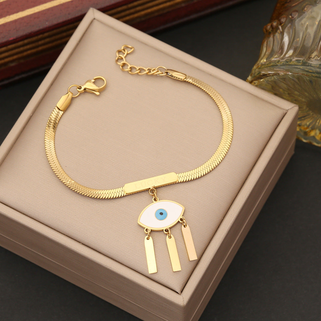 Minimalist Eye Pendant Necklace in Stainless Steel with Electroplating - Flat Snake Chain Collarbone Jewelry for Women