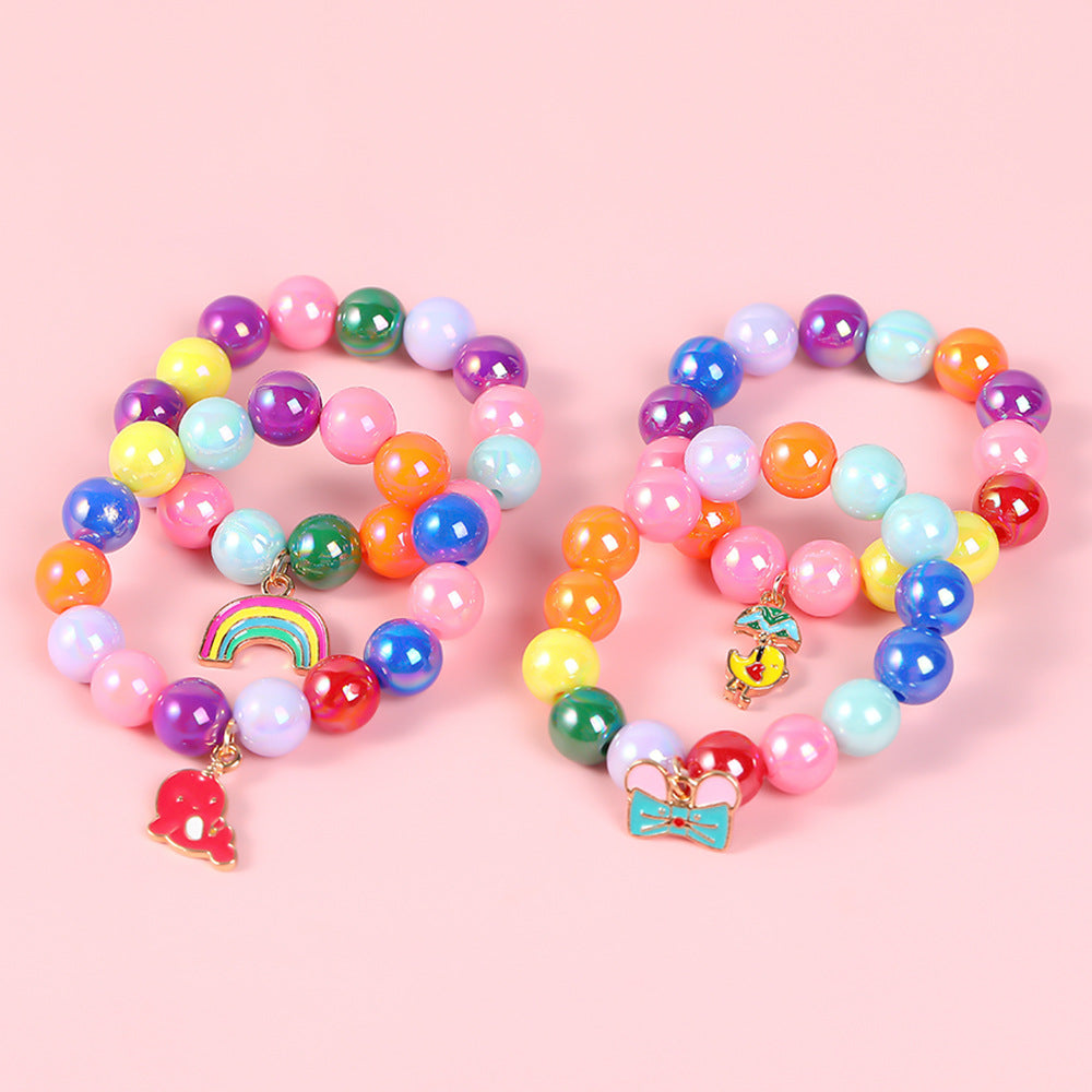 Pulsera de cuentas geométricas estilo dibujo animado para niñas con dije de esmalte en material de aleación para edades de 3 a 10+