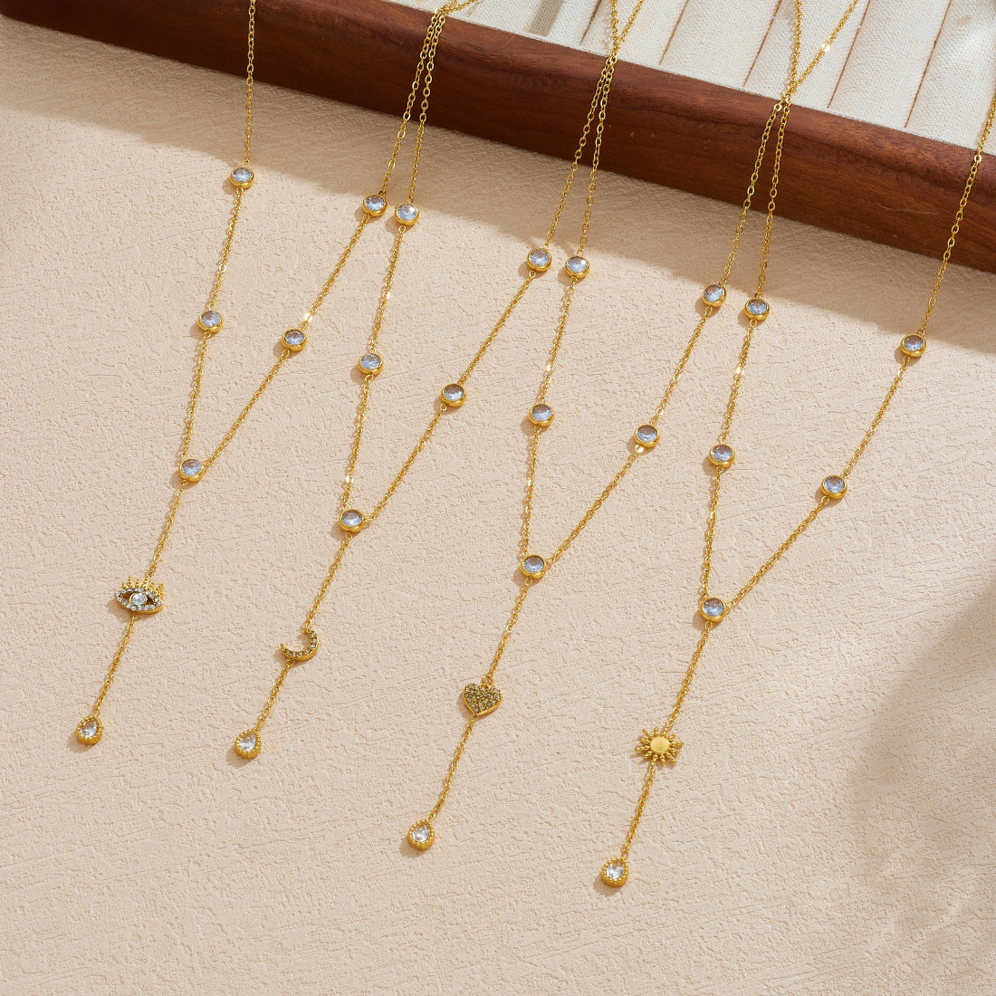 Sweet Gold Plated Stainless Steel Star Moon Heart Rhinestone Pendant Necklace with Tassel for Women