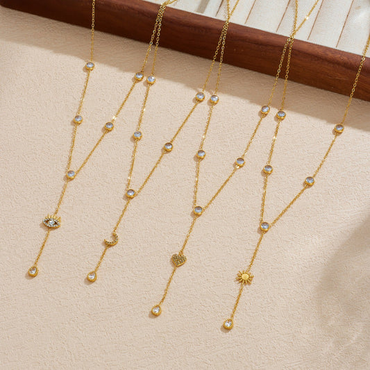Sweet Gold Plated Stainless Steel Star Moon Heart Rhinestone Pendant Necklace with Tassel for Women