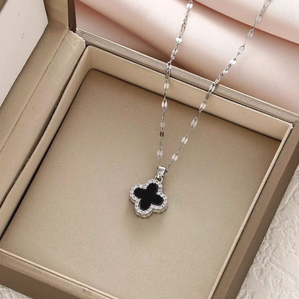 Elegant Four-Leaf Clover Pendant Necklace for Women in Titanium Steel with Plated Finish, Minimalist Clavicle Chain for Summer Layering