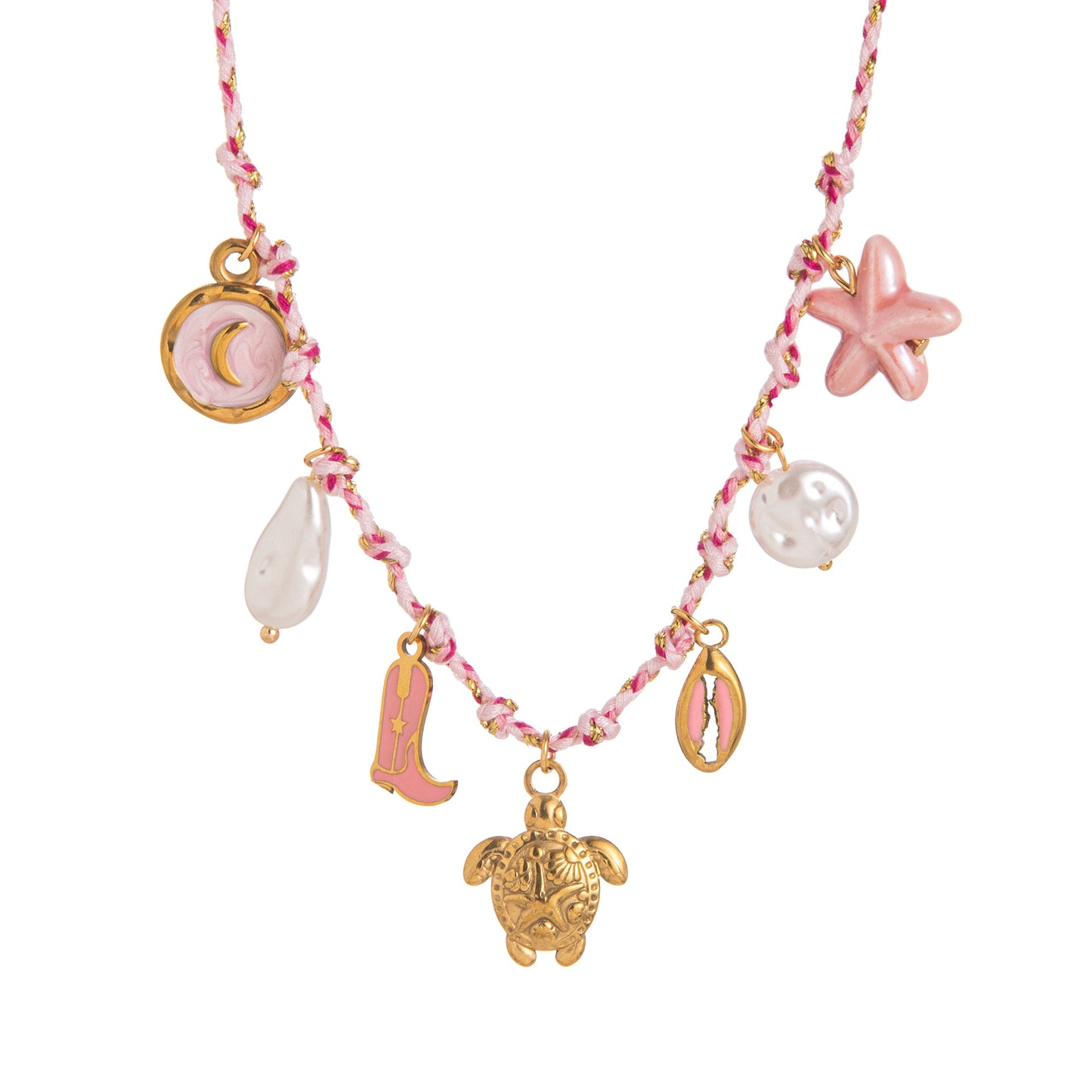 Minimalist Star Pearl Heart Pendant Necklace in Titanium Steel with Plated Finish on Colorful Dopamine Cord