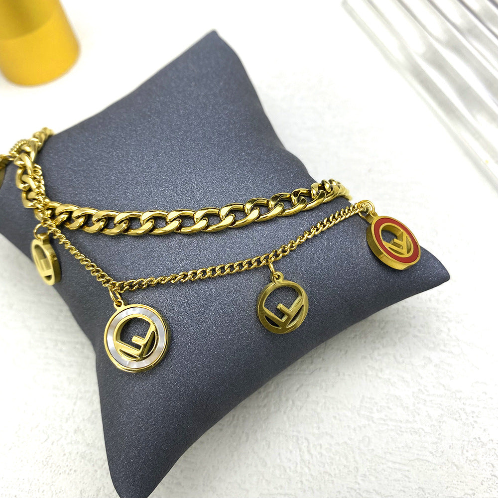 Punk Style Geometric Titanium Steel Bracelet with Engraved F Letter Pendant and Thick Snake Chain