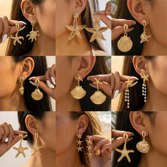 Pendientes de aleación chapados con patrón vintage de estrella de mar, concha y caracola geométrica para mujer